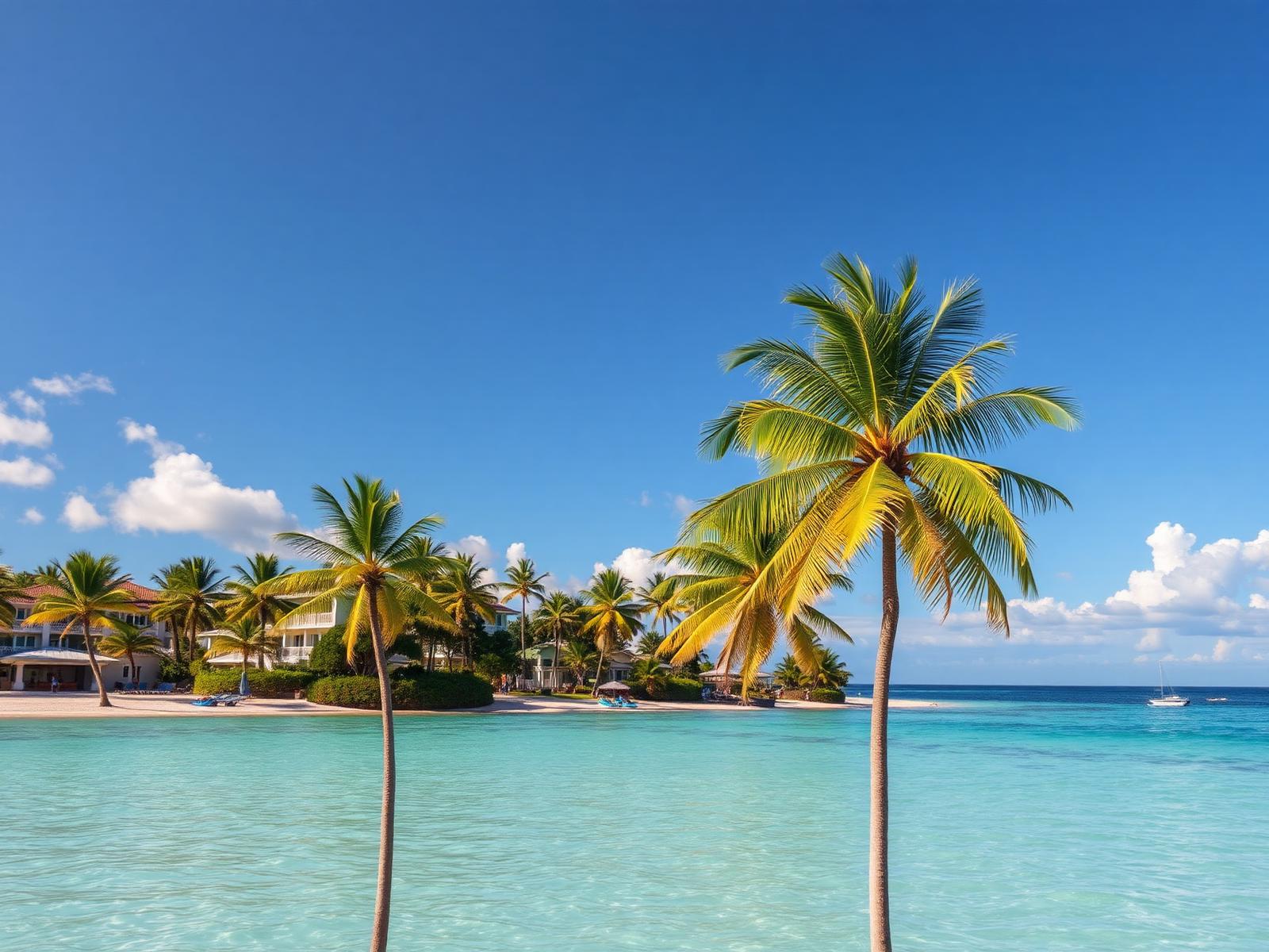 Turquoise beach with palm trees under a bright blue sky