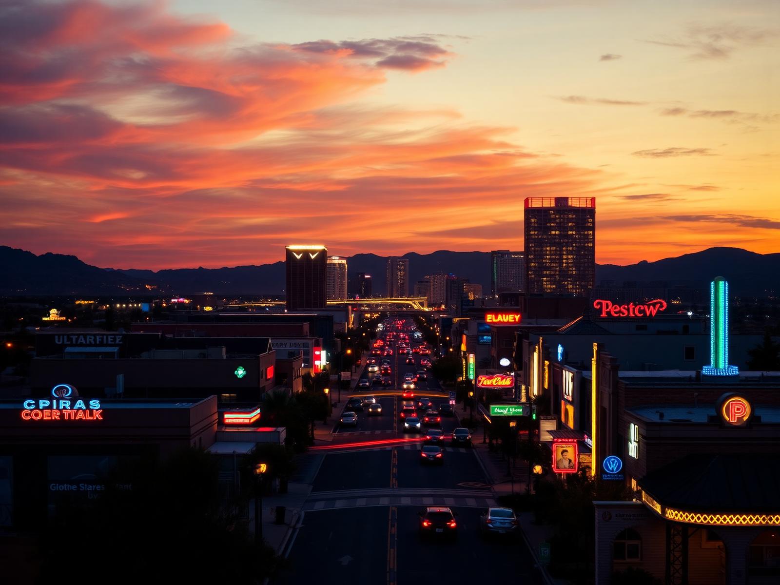 Western city skyline glowing at dusk with a neon-lit boulevard