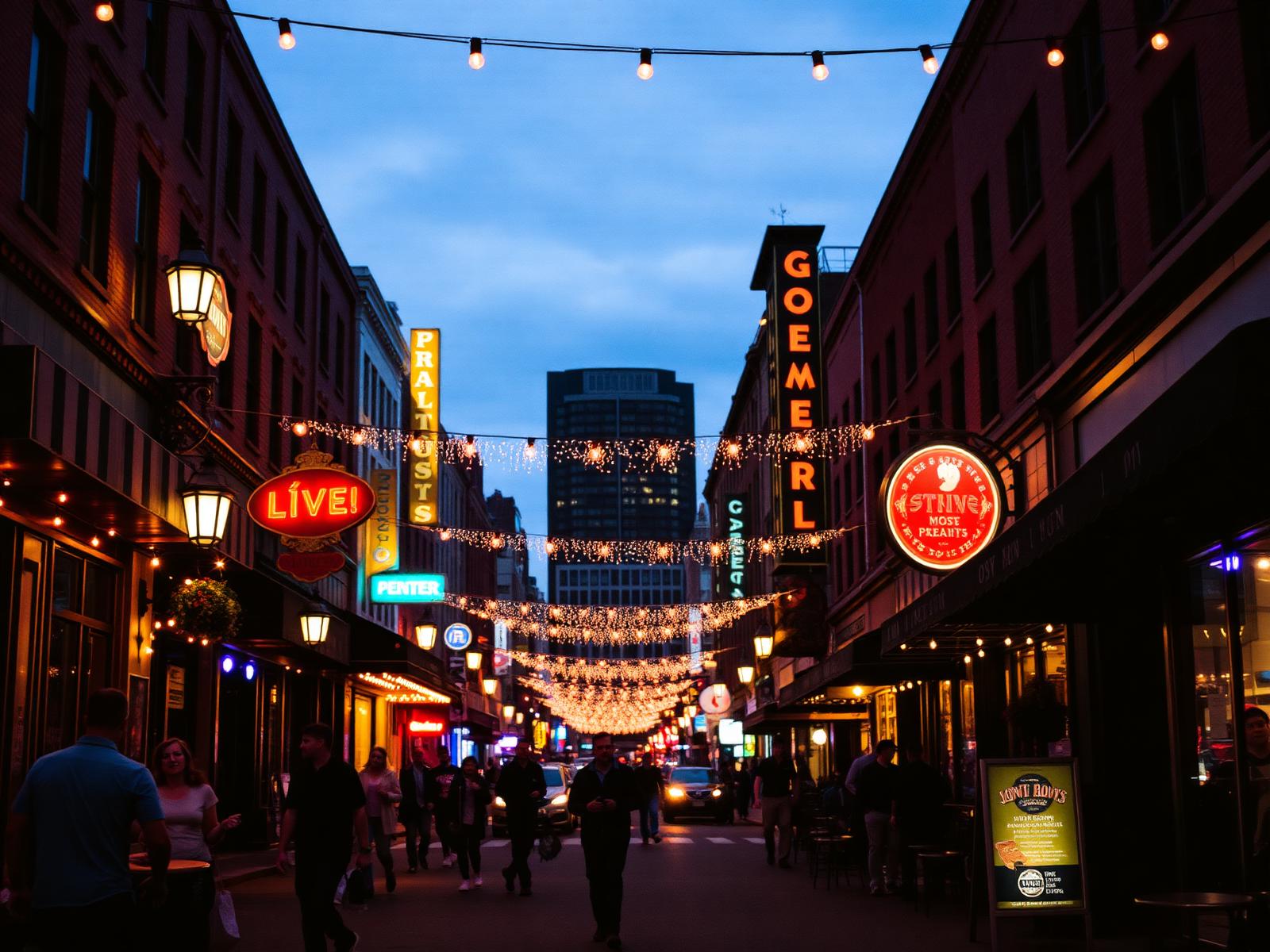 Lively downtown street at night with live music venues and warm string lights