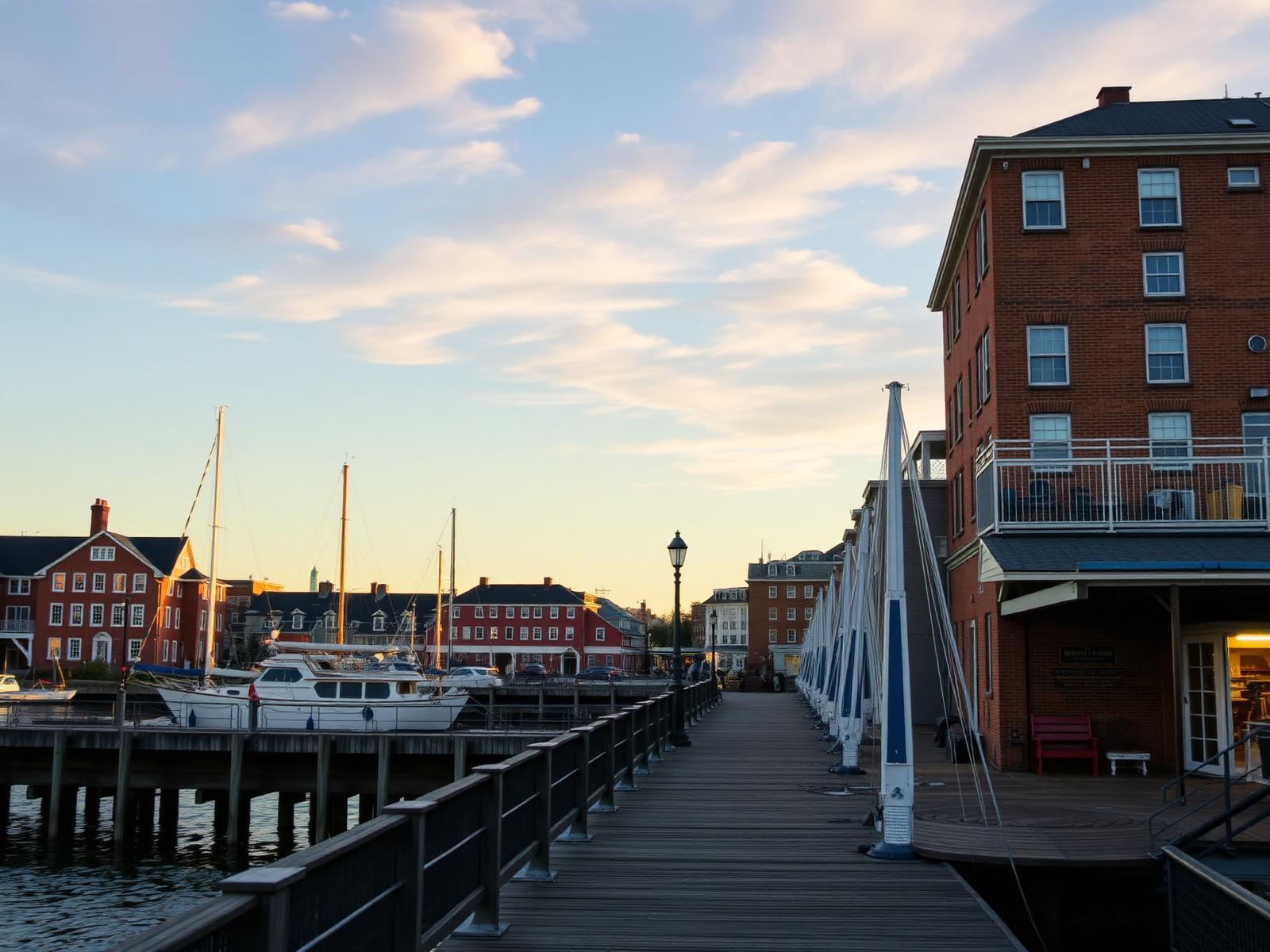 Historic East Coast waterfront with brick buildings and a harbor boardwalk