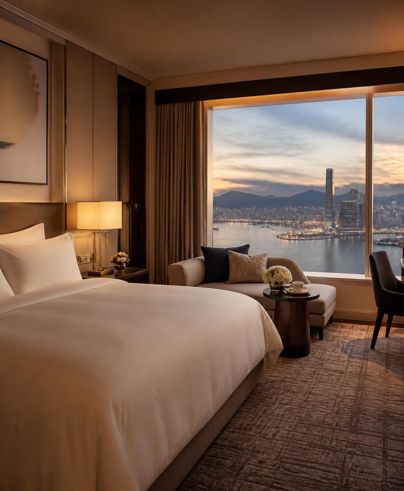 Standard hotel room with soft linens and a window overlooking a destination skyline