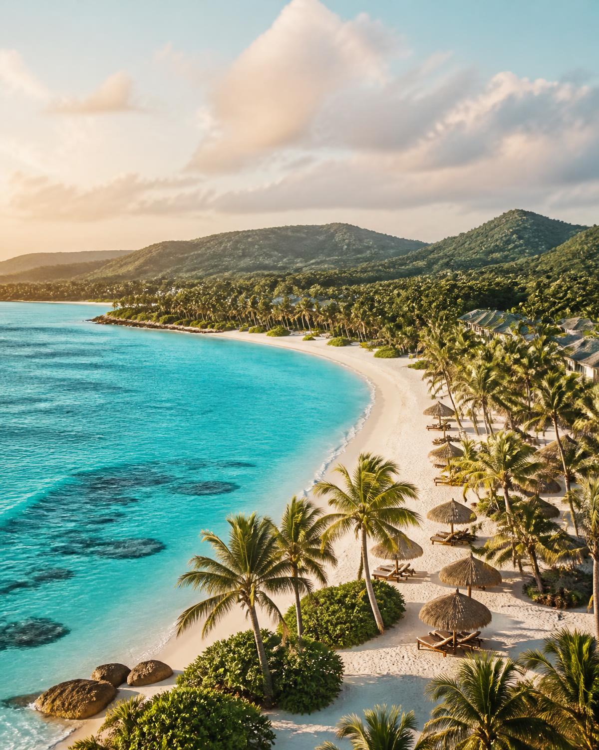 Palm-lined tropical beach and clear turquoise sea in the Dominican Republic