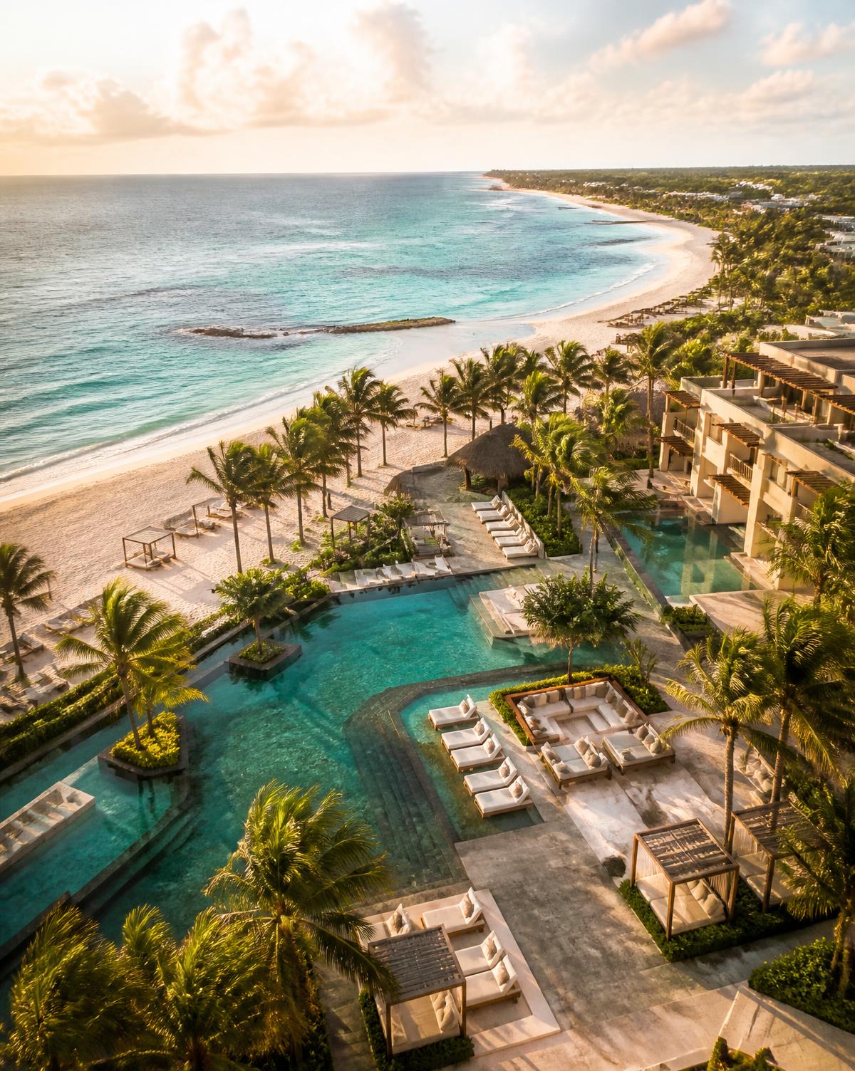 Turquoise water, white sand beach, and palm-shaded resort pool in Mexico