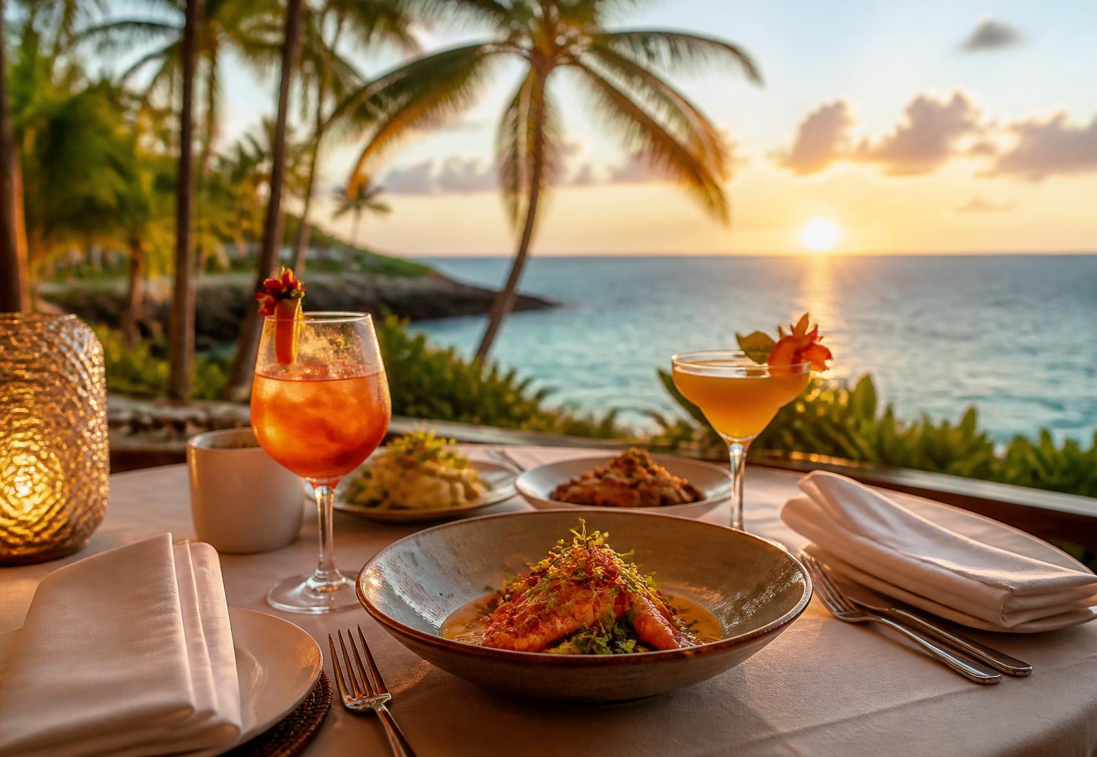 Oceanfront resort dining table at sunset with plated cuisine and tropical cocktails