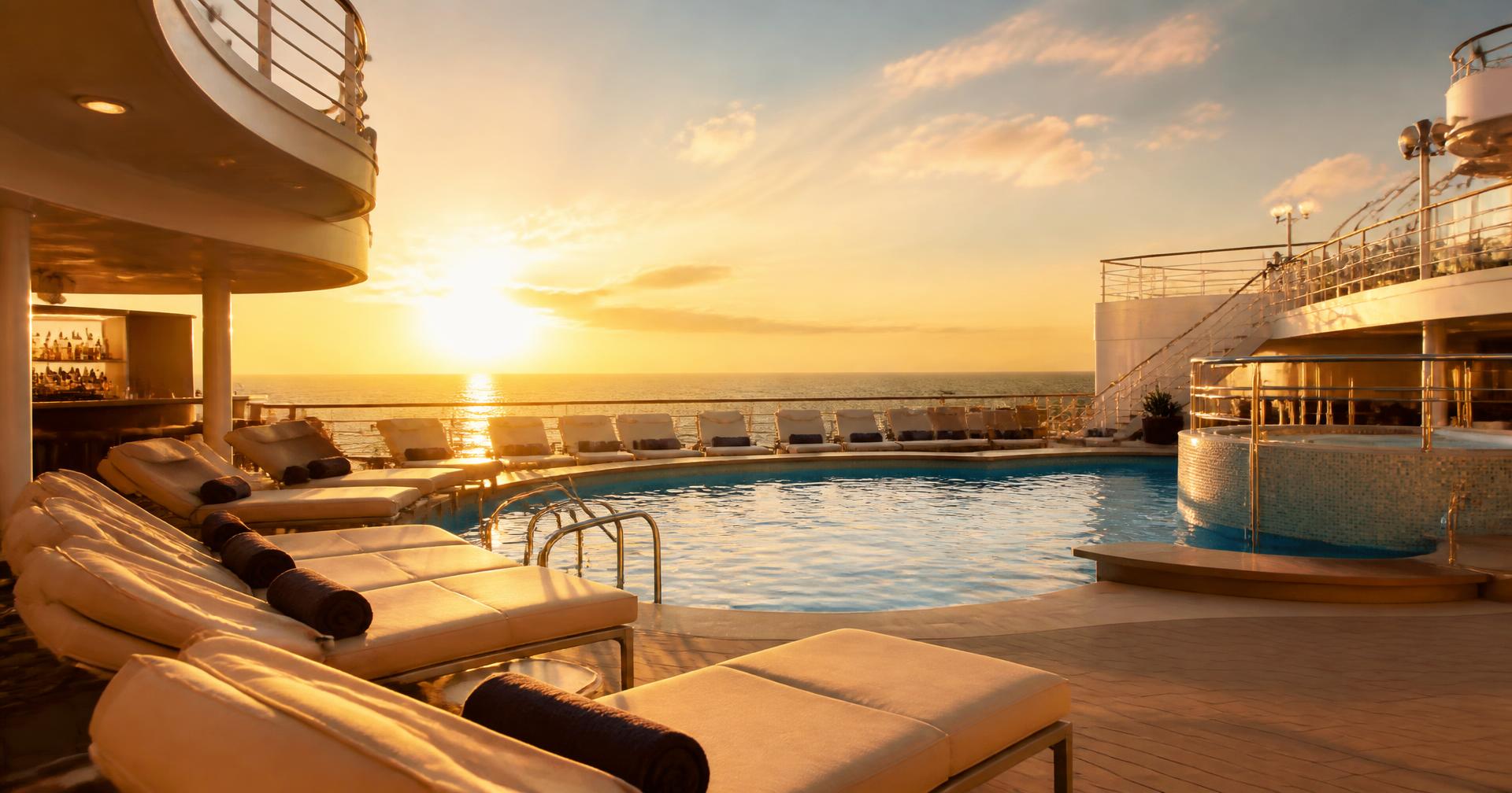 Cruise ship deck at sunset with the open ocean beyond