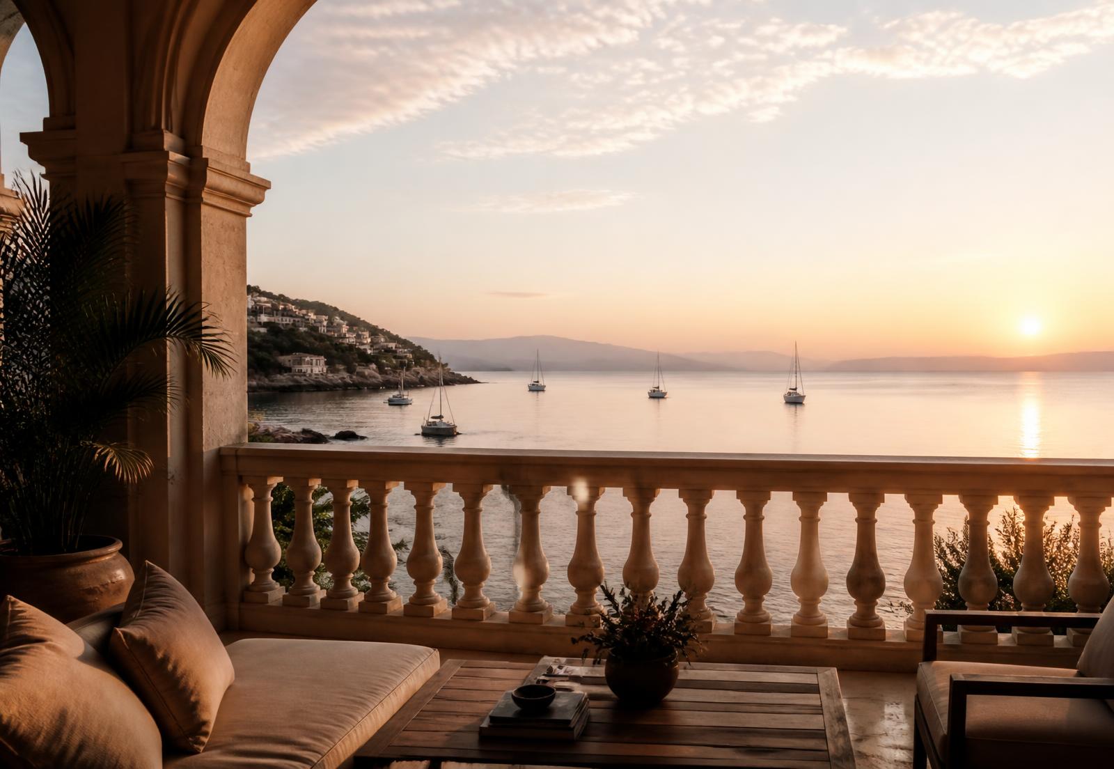 Sunrise over a quiet bay seen from a resort balcony