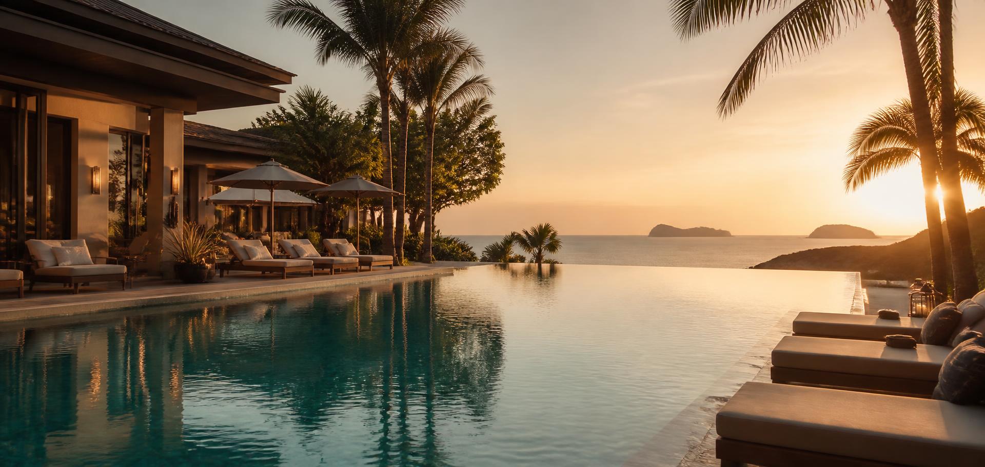 Luxury resort infinity pool overlooking the ocean at golden hour