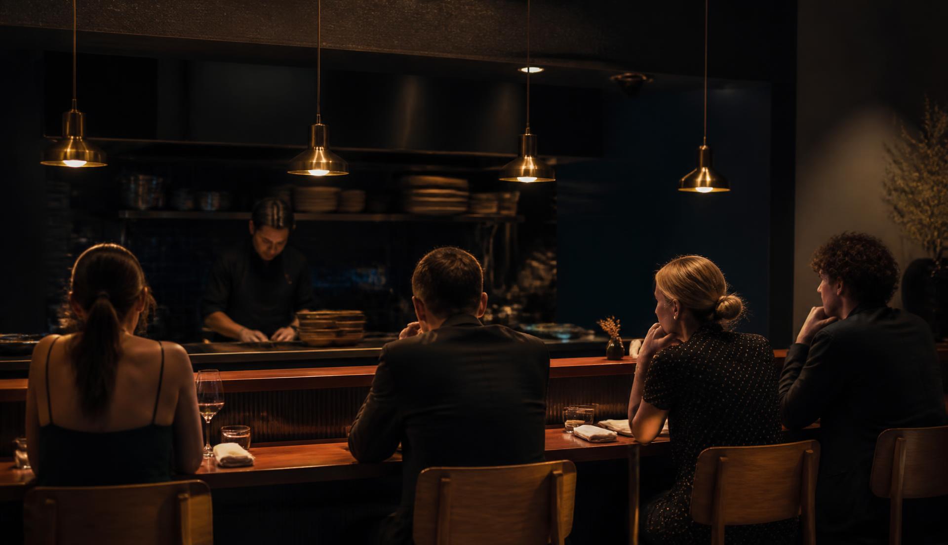 Warmly lit dining room with guests seated at tables
