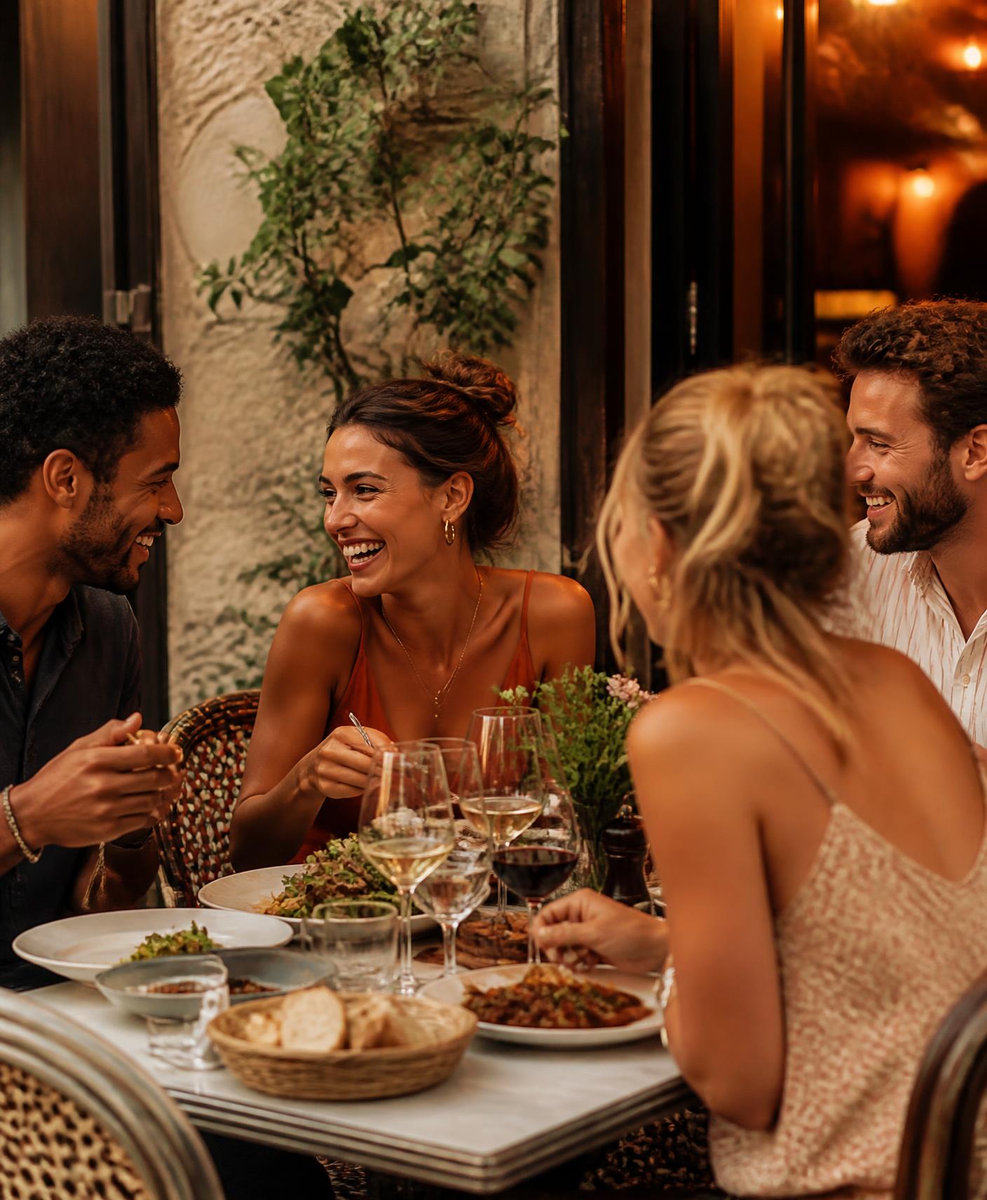 Friends sharing plates at a stylish bistro table in the evening