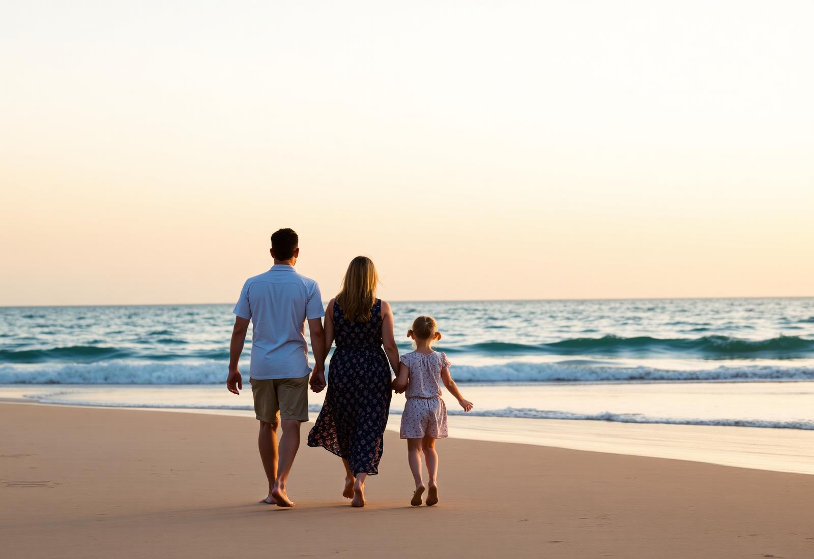 Family of four walking together on a Mexico resort beach at sunset