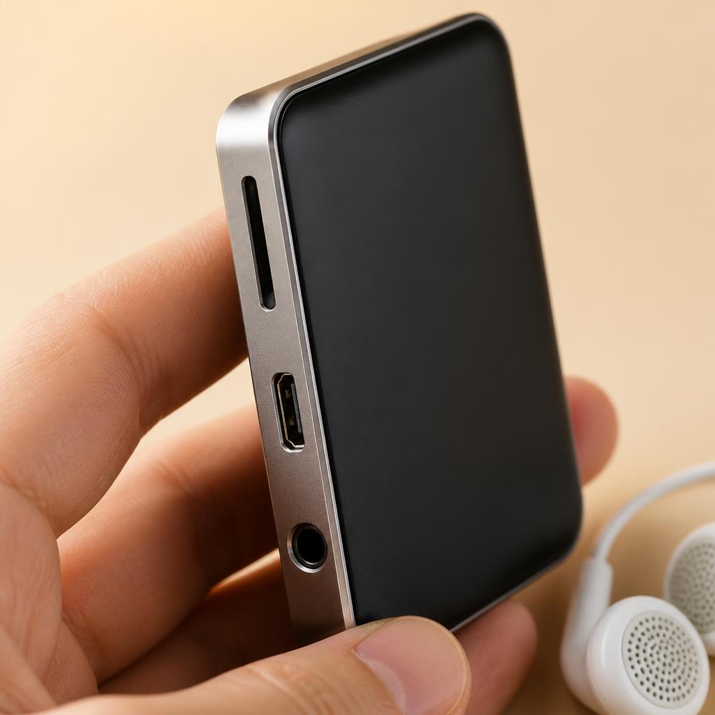 A touch screen mp4 player shown in detail on a cream stone surface