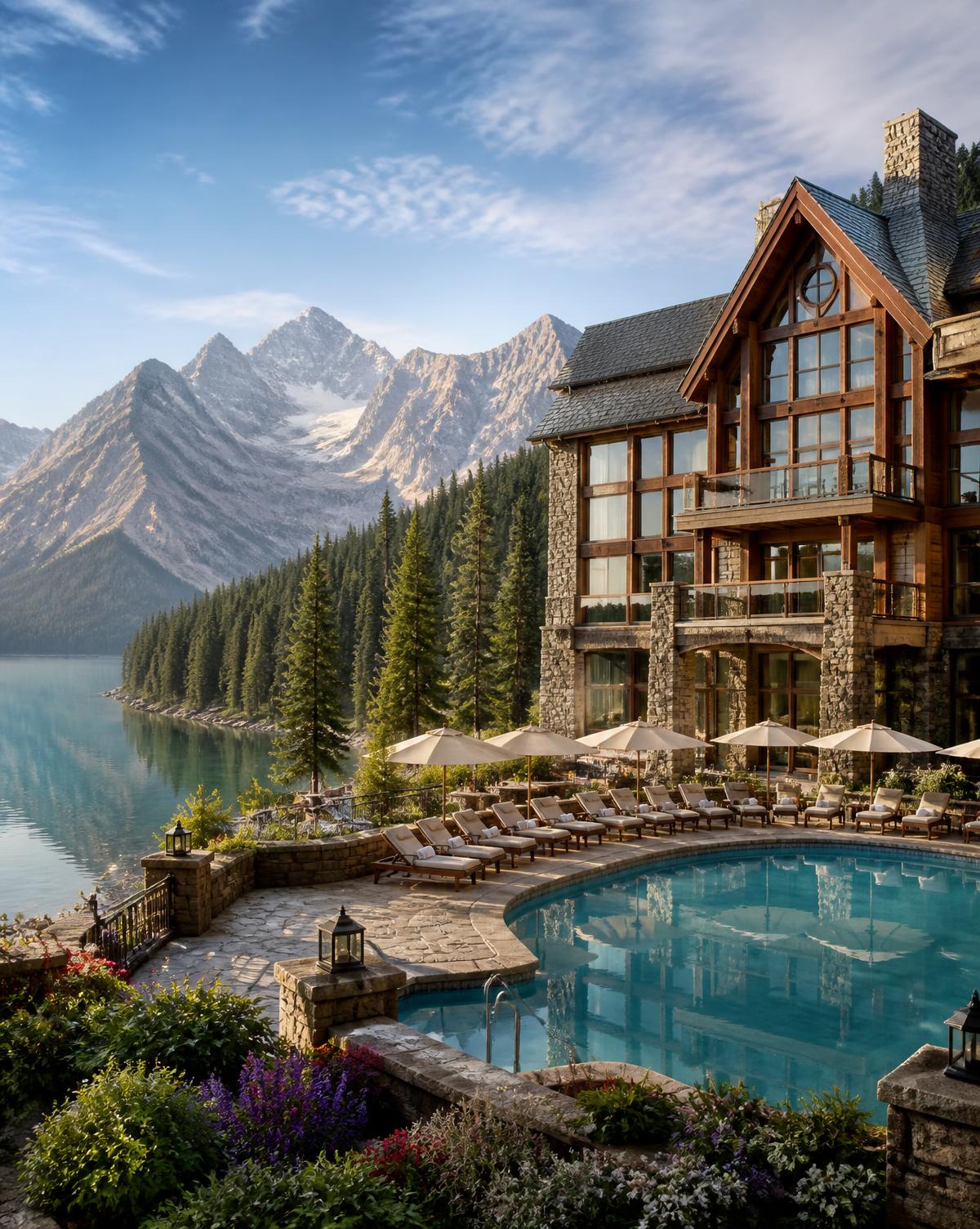 Mountain lakeside resort lodge with a pool deck and pine forest