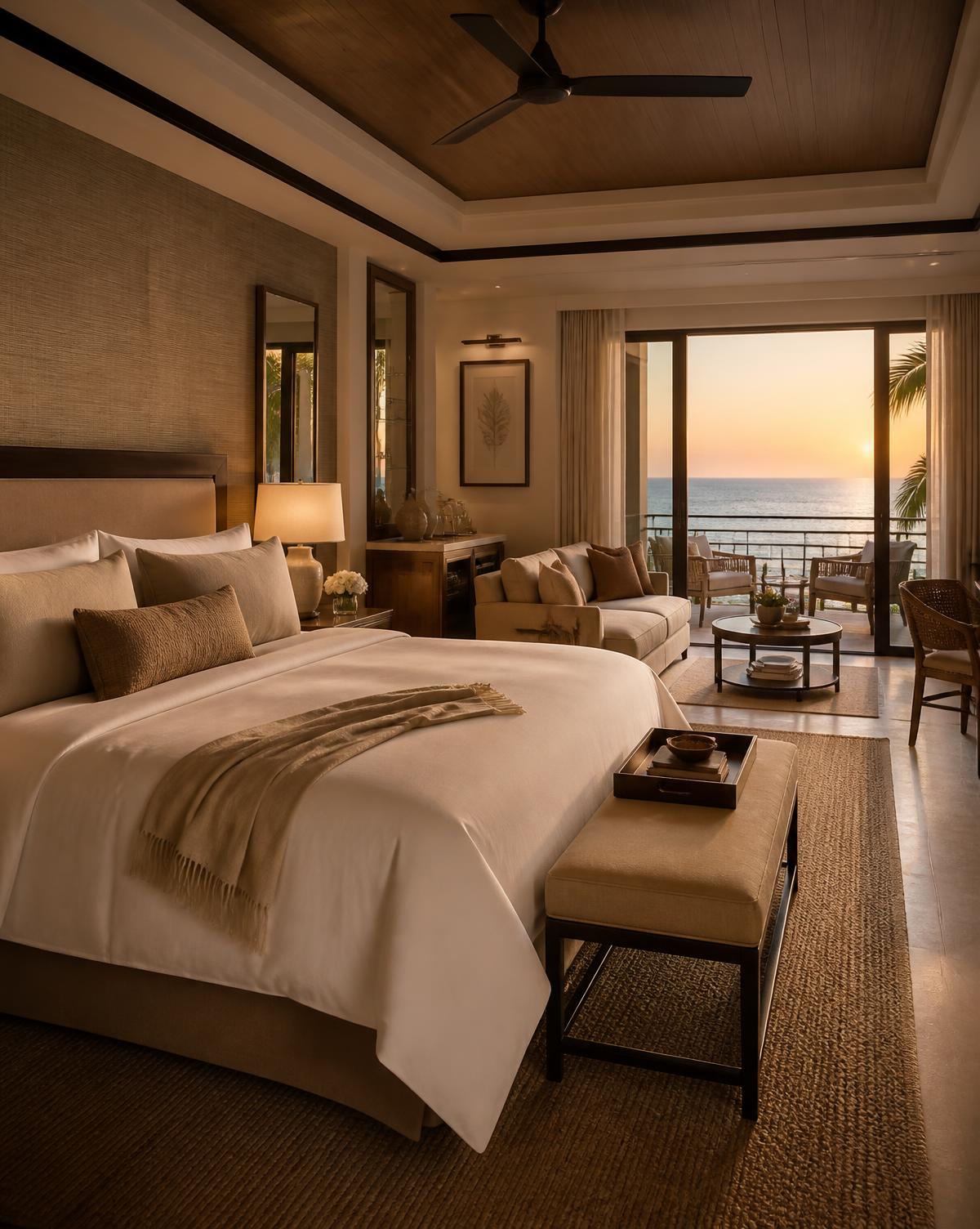 Warmly lit resort suite interior with an ocean-view balcony
