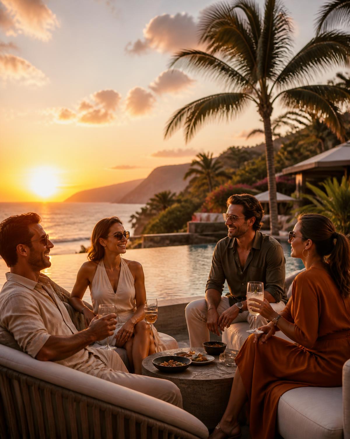 Four travelers relaxing together on a resort pool terrace at sunset