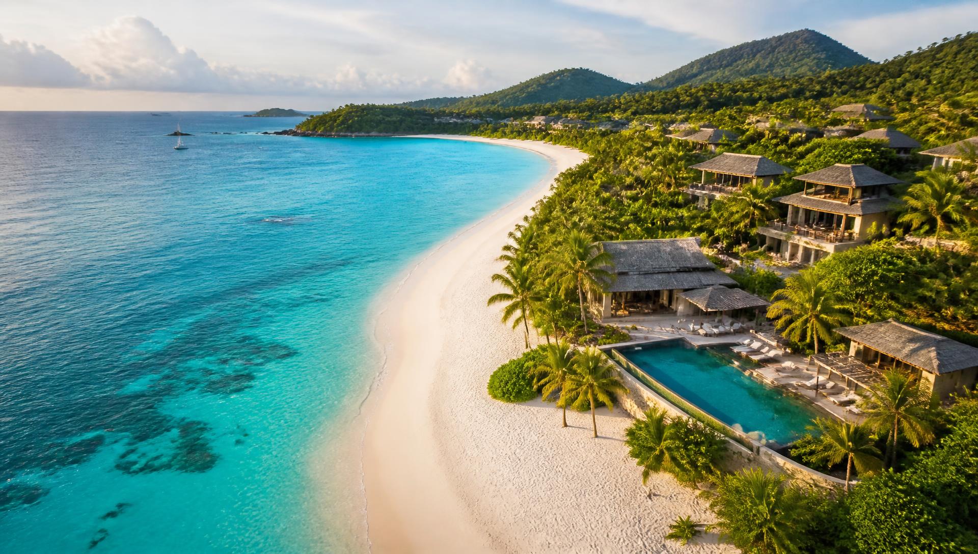 Aerial view of a turquoise beach coastline lined with resort villas