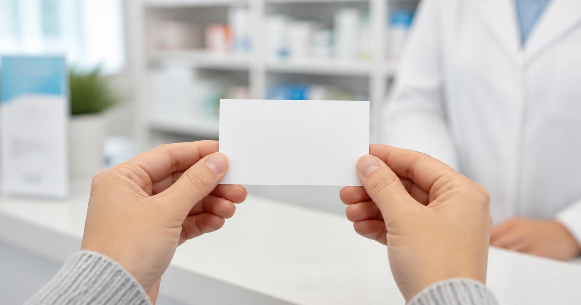 Hands holding a printed discount card at a pharmacy counter