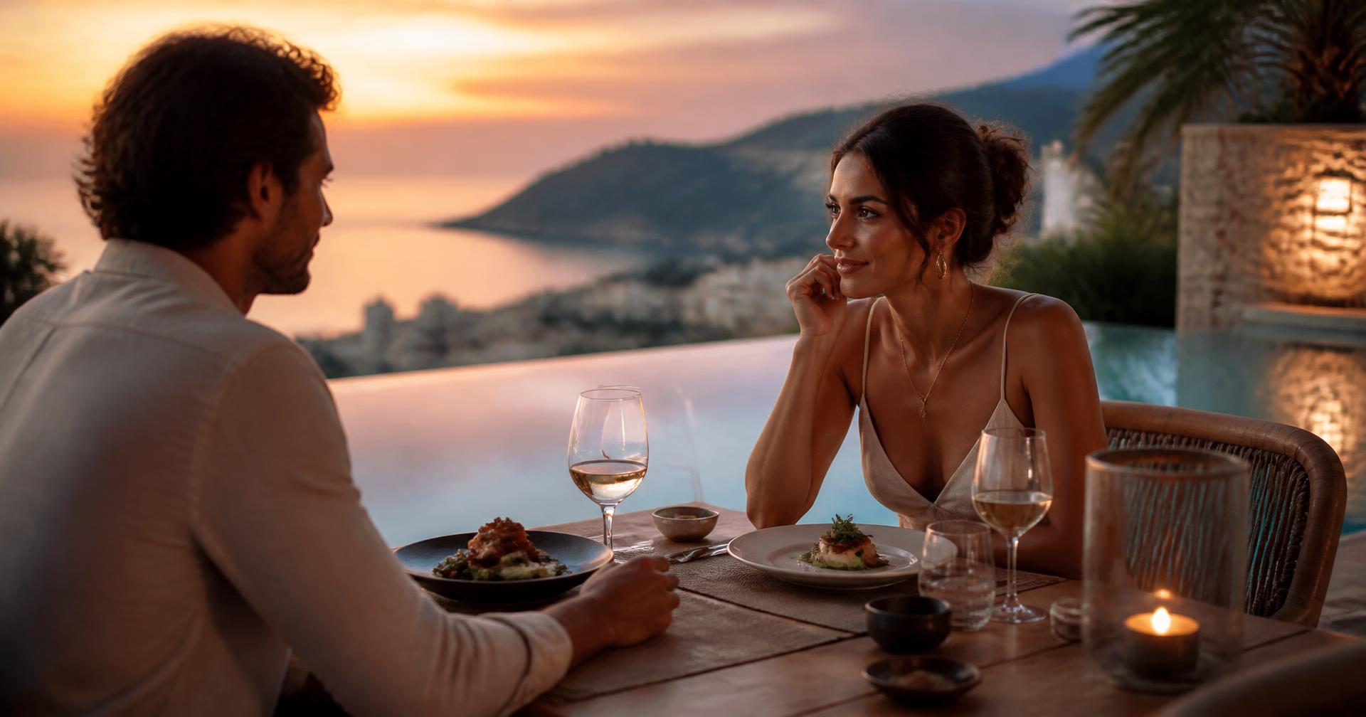 Couple dining on a resort terrace overlooking the coast at dusk
