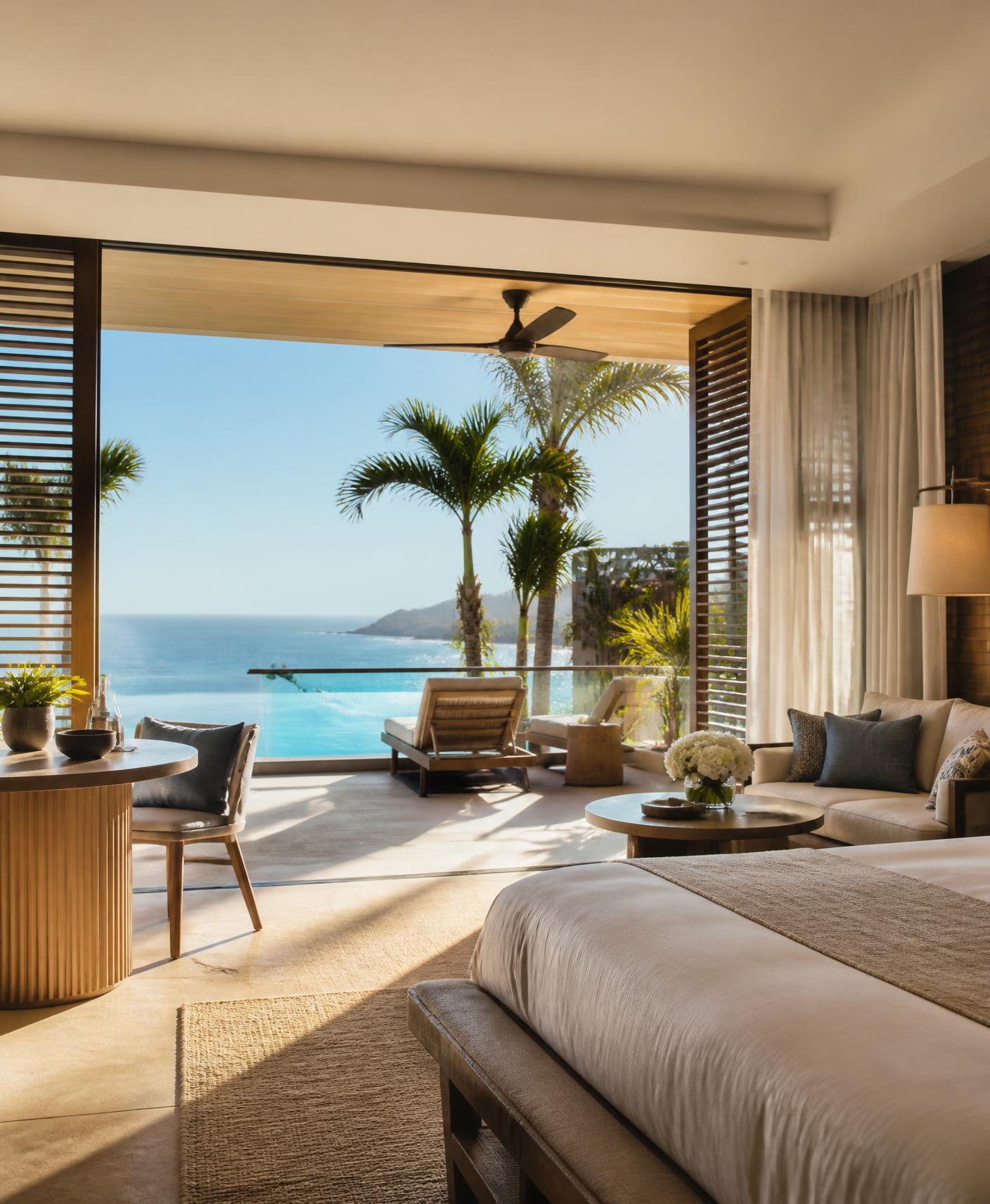 Sunlit resort suite with an ocean and pool view
