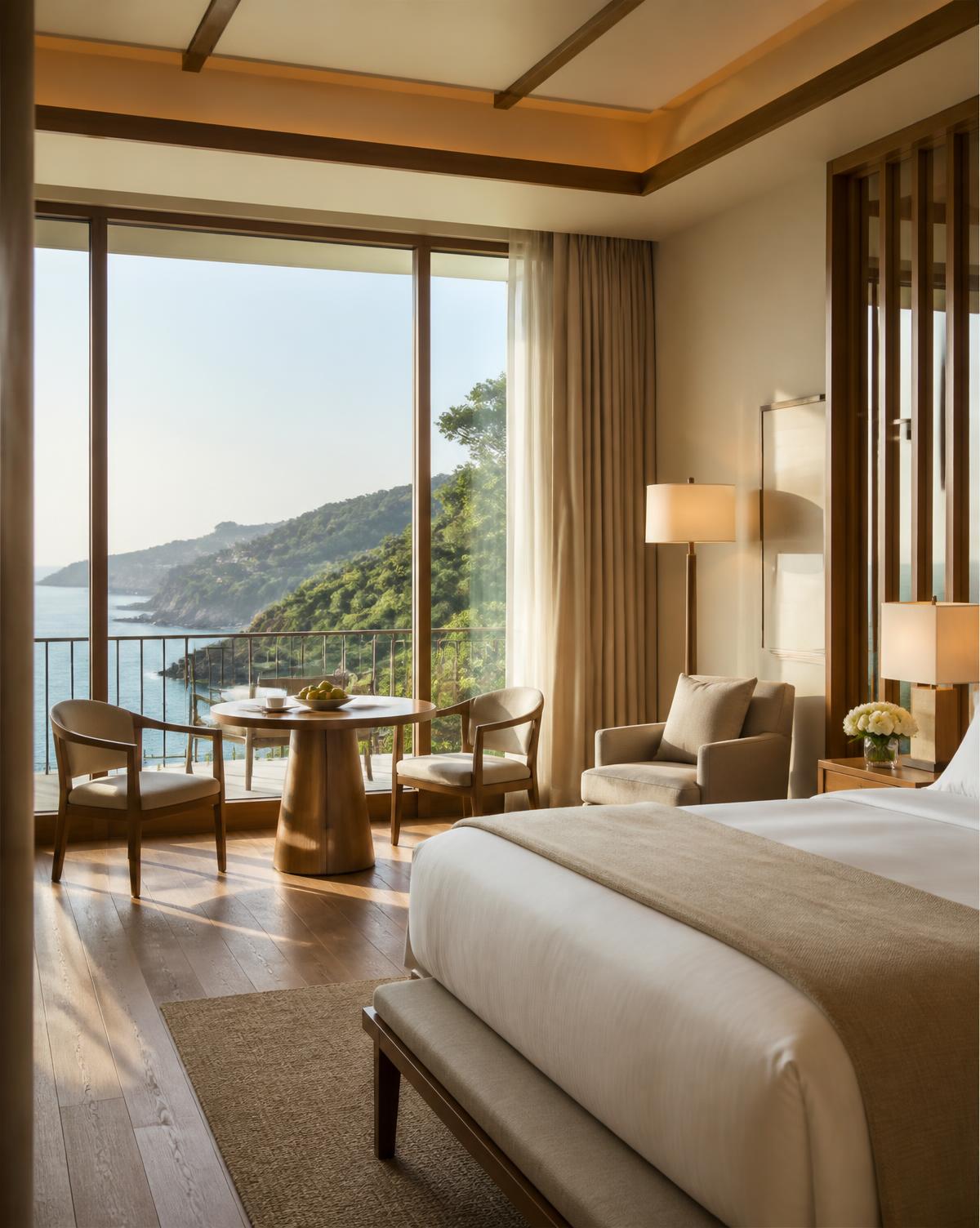 Coastal hotel suite with open balcony doors in morning light
